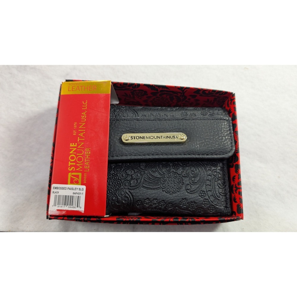 Stone Mountain USA Black Embossed Paisley Leather Trifold Wallet 8AF431-1 NIB